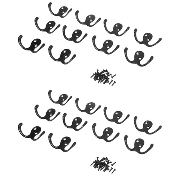 20 шт. сверхмощных крючков для одежды с двойным зубцом, настенных с 40 винтами (черный)