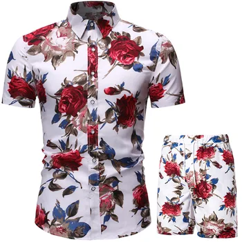 2021 Летние Повседневные Шорты, Корейская мода, приталенная рубашка с рукавами, Пляжные комплекты одежды из двух частей, мужская одежда