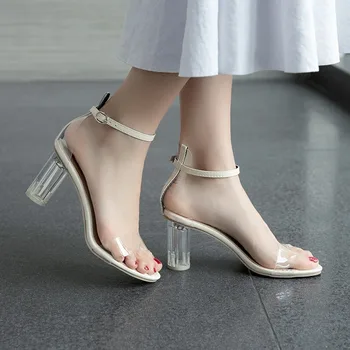 2022 Корейская женская обувь, сандалии, Летняя Женская обувь на высоком каблуке, Прозрачные хрустальные сандалии, Женские Модные Круглые женские сандалии