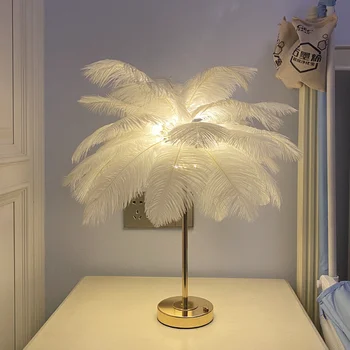 2022 Новая настольная лампа с сенсорным управлением из перьев для украшения свадебной спальни, светодиодная настольная лампа с перьями, питание от USB/перезаряжаемая
