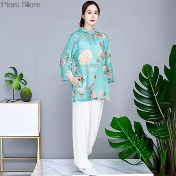 2023, Женский осенний костюм из хлопка и льна в стиле Тан, Новая футболка с принтом в китайском стиле, Свободный Чайный сервиз с рукавом три четверти