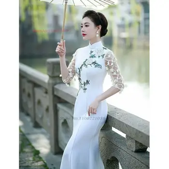 2023 национальная цветочная вышивка, улучшенное китайское платье ципао для банкета и вечеринки чонсам, vestidos, восточное платье ципао с кружевными рукавами