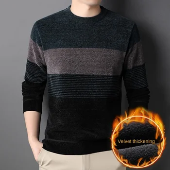 2023 Осенне-зимний Новый Мужской Пуловер из синели, свитер с круглым вырезом, Плюшевый Утолщенный Теплый пуловер, Свободные вязаные свитера