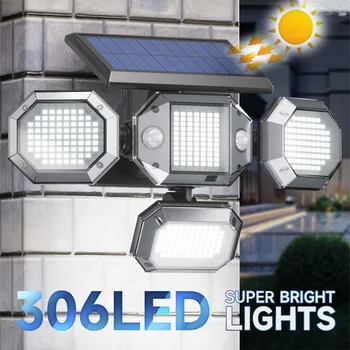 306LED Солнечные фонари наружный датчик движения, индукция человека, Регулируемая головка IP65, водонепроницаемый настенный светильник на солнечной энергии, огни во дворе