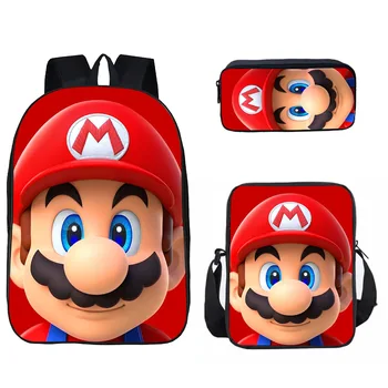 3D Новый школьный ранец Mario, модный рюкзак большой емкости, школьный ранец, сумка для ручек, рюкзак, комплект из трех предметов