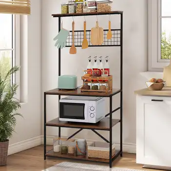 4-уровневый стеллаж для выпечки SKONYON для кухни, стеллаж для хранения, тележка с подвесными крючками, коричневый