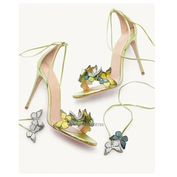 Abesire/Сине-Зеленые Босоножки с бабочками, Женские Летние туфли на высоком Каблуке со Шнуровкой, Модные Женские Босоножки на шпильке