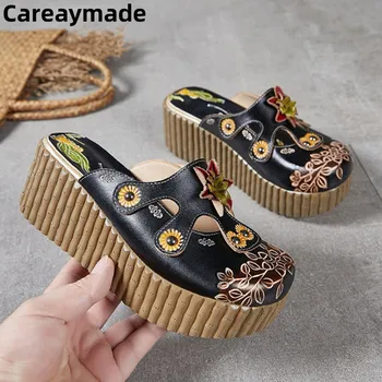 Careaymade-Новые женские тапочки с летним цветком для отдыха, тапочки из натуральной кожи в этническом стиле, Женские тапочки ручной работы на высоком каблуке