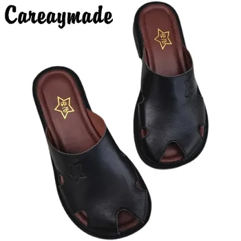 Careaymade-Туфли на высоком каблуке из натуральной кожи, широкие сандалии, женские однотонные тапочки Baotou из чистой оригинальной кожи на мягкой подошве в черепашьем стиле