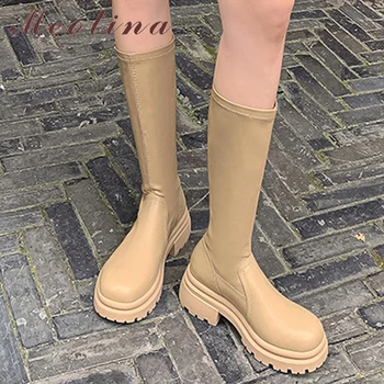 Meotina/ женские ботинки из натуральной кожи до середины икры на платформе с круглым носком и среднем каблуке на молнии, осенне-зимняя женская обувь коричневого цвета