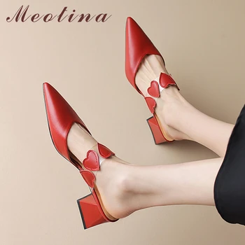Meotina/Женские шлепанцы из натуральной кожи с острым носком на высоком толстом каблуке в форме сердца, женские Модные тапочки, Летняя Весенняя бежевая обувь