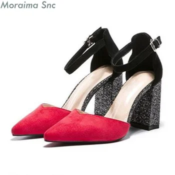 Moraima Snc/ разноцветные женские босоножки из флока, женские босоножки на высоком квадратном каблуке, красное платье, женские туфли-лодочки