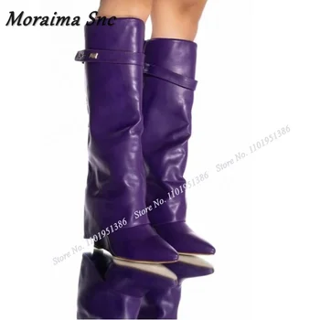 Moraima Snc/ Фиолетовые ботинки с Акулой на танкетке и высоком каблуке, Женская обувь, Однотонные Ботфорты до колена, Пикантные Оранжевые Модные Подиумные Туфли на каблуке