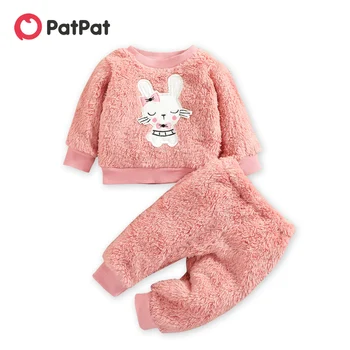 PatPat Комплект из 2 предметов, детский пуловер с длинными рукавами и брюками с изображением мультяшного кролика из розового пушистого флиса