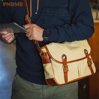 PNDME винтажная высококачественная холщовая мужская сумка-мессенджер из натуральной кожи, дизайнерская роскошная сумка для путешествий на выходные, рабочая сумка через плечо