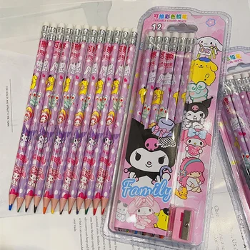 Sanrio 12colors Дерево, стираемый цветной карандаш, акварельный карандаш, эскиз для рисования, карандаш для рисования, школьные принадлежности, канцелярские принадлежности оптом