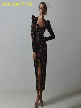 Sen Lan Yi Ya Осенние Элегантные вечерние платья с сексуальным разрезом для женщин 2023, Модный принт с рюшами Платье с длинным рукавом, Тонкое черное Длинное платье