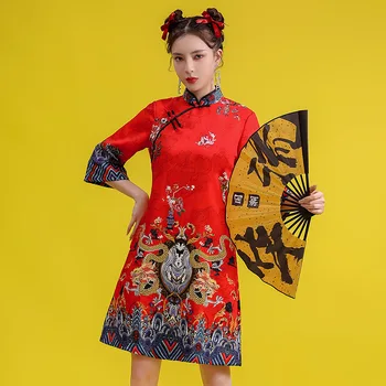 Solredo Китайский Чонсам, новые модные костюмы, современное платье трапециевидной формы, женское Ципао с рукавом 3/4, традиционная китайская одежда