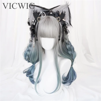 VICWIG Длинные Прямые синтетические волосы в стиле Лолиты, серый Градиентный синий Парик для косплея с челкой для женщин