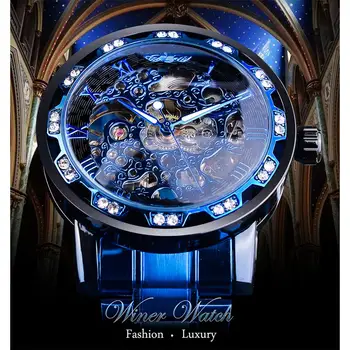 Winner Прозрачные механические часы с бриллиантами, Синие часы со скелетом из нержавеющей стали, Лучший бренд Класса Люкс, Деловые Светящиеся мужские часы