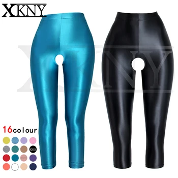 XCKNY атласные шелковистые брюки сексуальные обтягивающие глянцевые колготки с высокой талией, эластичные брюки длиной 7 дюймов, штаны для йоги, штаны для плавания с открытой промежностью