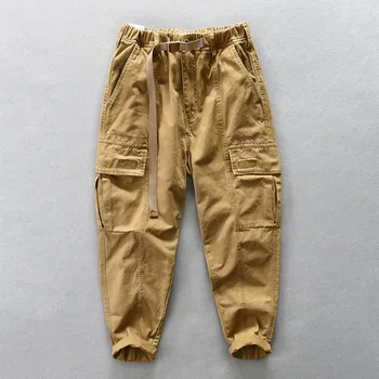 Z394, Мужские Повседневные брюки из 100% хлопка, зимняя мода, Японский стиль, эластичный пояс, высококачественная уличная одежда, Винтажные Свободные зауженные брюки