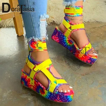 Абсолютно новые женские разноцветные босоножки с ремешком на щиколотке, модные женские летние сандалии-гладиаторы на платформе с открытым носком, женская обувь