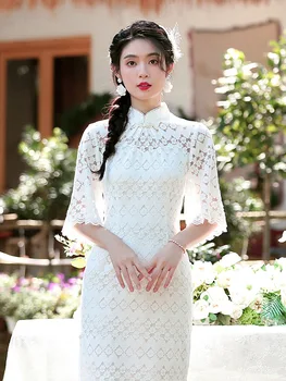 Азиатское Китайское свадебное платье для выпускного вечера, белое кружевное платье Cheong-sam