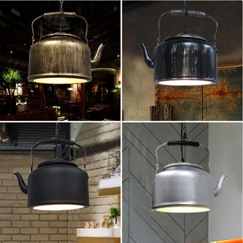 Антикварный чайник Железный подвесной светильник Винтажный ресторан в индустриальном стиле с креативным художественным оформлением Светильник с шаровой лампочкой-прожектором