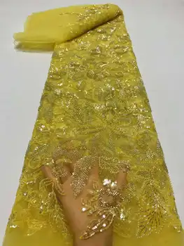 Африканская Желтая Кружевная ткань ручной работы из бисера для свадьбы 2023, Высококачественная Нигерийская Французская Сетчатая Тюлевая Кружевная ткань с роскошными блестками