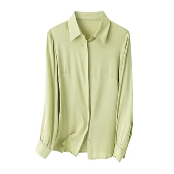Весенне-осенние женские рубашки из 100% натурального шелка 2022 года, высококачественные шелковые топы фруктового зеленого цвета с длинными рукавами