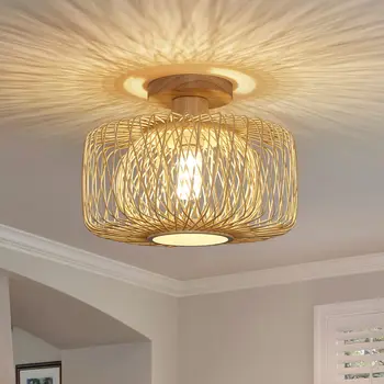 Встраиваемый потолочный светильник из ротанга, освещение в стиле бохо, тканый бамбуковый абажур, вход в спальню, гостиную, прихожую