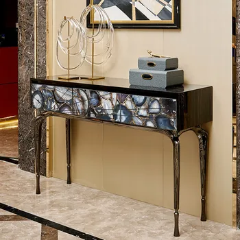 Входной столик из нержавеющей стали в итальянском стиле, украшение из агата, стол для прихожей, вид с торца