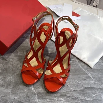 Высококачественная Женская обувь на высоком каблуке 10 см с красной подошвой, Роскошные модные женские Босоножки с кристаллами, Классические дизайнерские туфли в стиле ретро на высоком каблуке 0568HJ