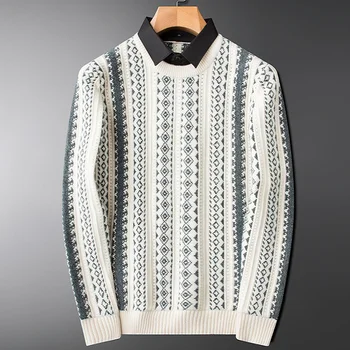 Высококачественный зимний толстый теплый свитер с воротником рубашки, мужской тонкий красивый персонализированный жаккардовый поддельный пуловер из двух частей, мужской топ
