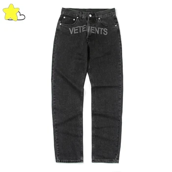 Выстиранные черные джинсы Vetements Для мужчин и женщин, джинсовые брюки наилучшего качества с буквенным логотипом, пуговицы, карман, уличные брюки VTM