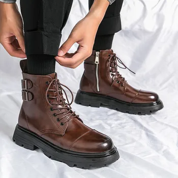 Демисезонные Классические коричневые мужские ботильоны, кожаные ботинки на платформе для мужчин, высококачественные черные мужские рабочие ботинки Botines Hombre