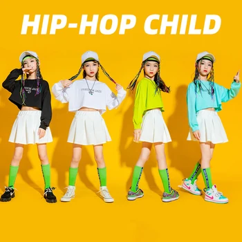 Детская Уличная одежда в стиле хип-хоп, укороченный топ с длинными рукавами и юбка с шортами для девочек, танцевальные костюмы, Наряды для детских джазовых выступлений, Kpop