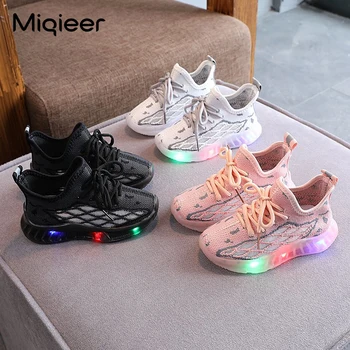 Детские кроссовки, модная трикотажная дышащая сетчатая противоскользящая обувь со светодиодной подсветкой для мальчиков и девочек, детская спортивная обувь с подсветкой на мягкой желейной подошве