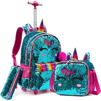 Детский рюкзак на колесиках BIKABI с единорогом для девочек, багажный чемодан на колесиках, рюкзаки на колесиках для девочек, дорожные сумки