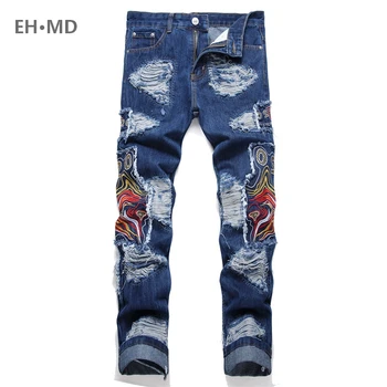 Джинсы с вышивкой, мужские Мягкие джинсы с 3D отверстиями, Длинные брюки в стиле хип-хоп, Ремонт в мотоциклетном Стиле, Высокая Уличная Резинка Из чистого хлопка