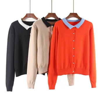 Европейский американский новый стиль, осенний свитер-основа с контрастными отворотами и длинными рукавами, модный тренд, тонкий универсальный женский пуловер, топ