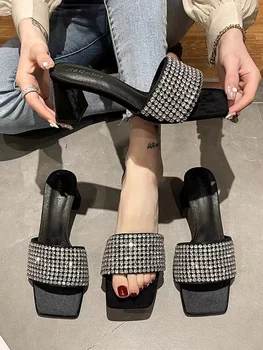 Женская летняя обувь, Шлепанцы со стразами, Шлепанцы с открытым носком, Босоножки на высоком каблуке с квадратным носком, Женские туфли-лодочки, нескользящие