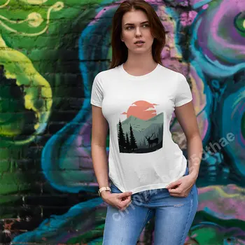 Женская одежда с принтом оленей и природы, женская футболка, летние футболки в стиле Харадзюку с коротким рукавом на заказ, Свободная футболка с круглым вырезом для девочек