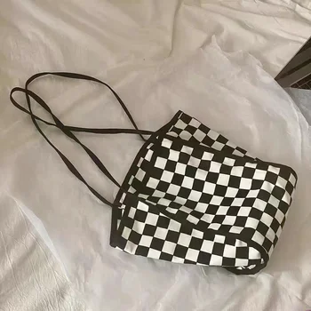 Женская сумка-тоут, холщовая клетчатая сумка через плечо в шахматном порядке, кошельки и сумки большой емкости, простая сумка для девочек