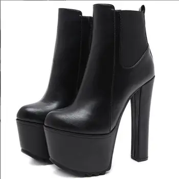 Женские ботильоны, женские водонепроницаемые ботинки на платформе, Женские туфли на высоком каблуке с круглым носком, без застежки, пикантные черные модные ботинки на каблуке