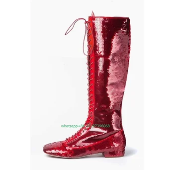 Женские дизайнерские сапоги до колена с красными блестками, на шнуровке, на массивном каблуке, повседневные модельные сапоги с блестками, пикантные ботинки для танцевальной вечеринки в винтажном стиле