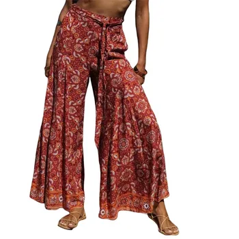 Женские летние Широкие брюки с этническим цветочным принтом, Эластичные Брюки с бандажным поясом с высокой талией, Сексуальные женские богемные плавки для выступлений
