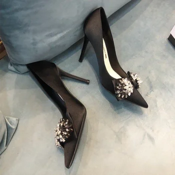 Женские лоферы без застежки, Острый носок, Обувь с цветочным рисунком и кристаллами, водонепроницаемые повседневные женские туфли на высоком каблуке, Большие размеры 34-40