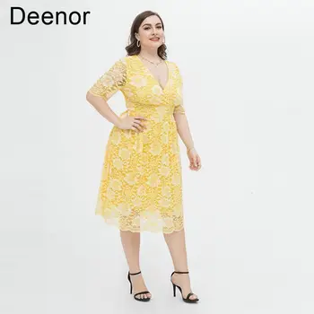 Женские платья Deenor размера плюс, кружевное сетчатое сексуальное элегантное вечернее платье с желтым принтом, свободные вечерние платья Hellow